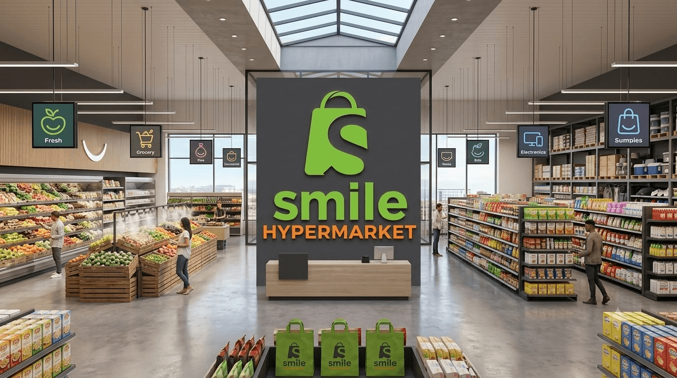 The Smile Hypermarket shop floor, with the branded wall between the fresh produce and grocery aisles